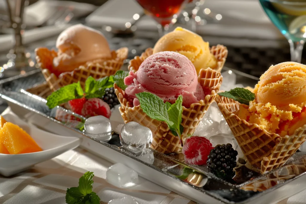 Scoops of colorful frozen fruit sorbet in waffle cones and bowls with mint garnish on ice tray