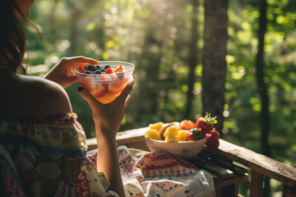 Woman on porch holding frozen fruit cup with strawberries and blueberries