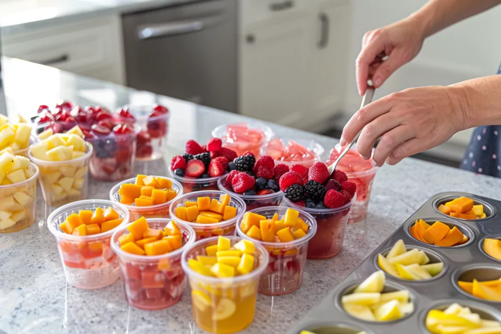 Step-by-step freezing and serving frozen fruit cups in clear cups and muffin tins