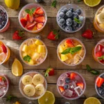 Frozen fruit cups filled with strawberries, blueberries, and pineapple on a wooden table