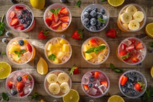 Frozen fruit cups filled with strawberries, blueberries, and pineapple on a wooden table