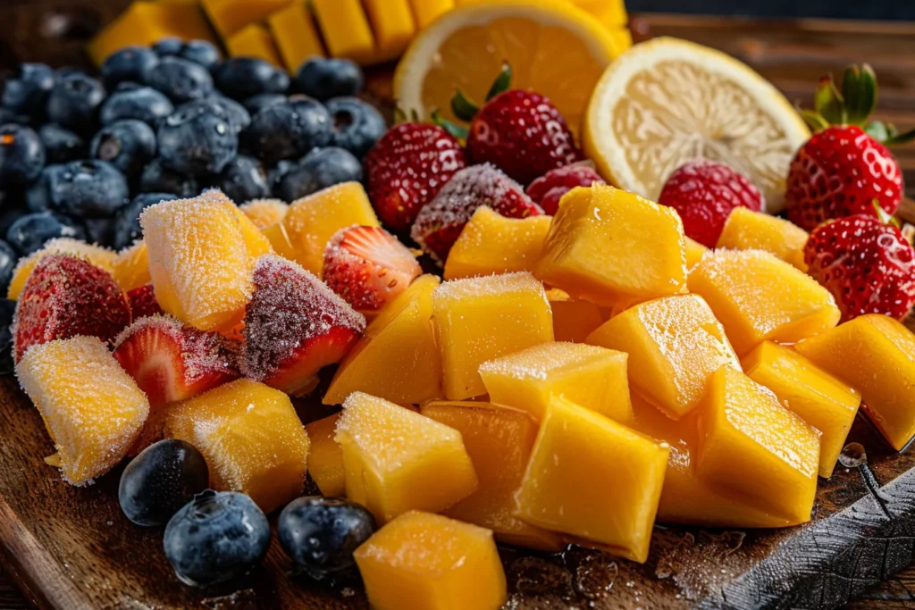 Frozen mango chunks, strawberries, blueberries, and lemon halves arranged on a cutting board