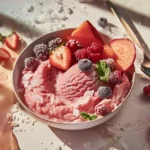 Minimalist frozen fruit sorbet recipe card layout with styled sorbet and ingredients