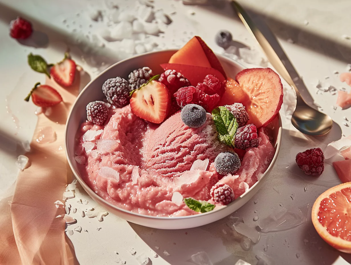 Minimalist frozen fruit sorbet recipe card layout with styled sorbet and ingredients