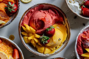 Frozen fruit sorbet served in ceramic bowls with mango, strawberries, and lemon slices on white background
