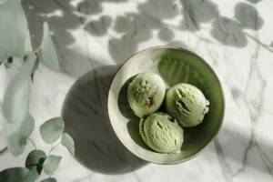 Creamy avocado and ice cream in a bowl with fresh avocado slices