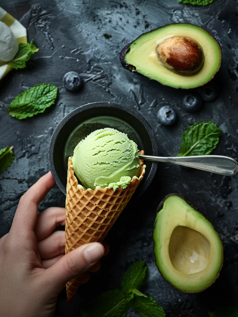 Scoop of green avocado and ice cream in a waffle cone