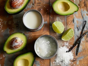 Ingredients for making avocado and ice cream on a wooden counter