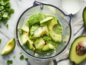 Avocados and coconut milk in a blender for ice cream