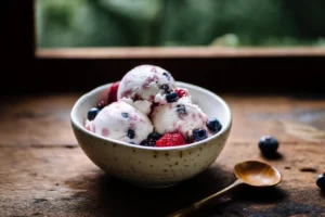 Cottage cheese ice cream recipe served with berries in natural light
