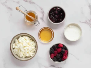 Ingredients for cottage cheese ice cream on a kitchen counter
