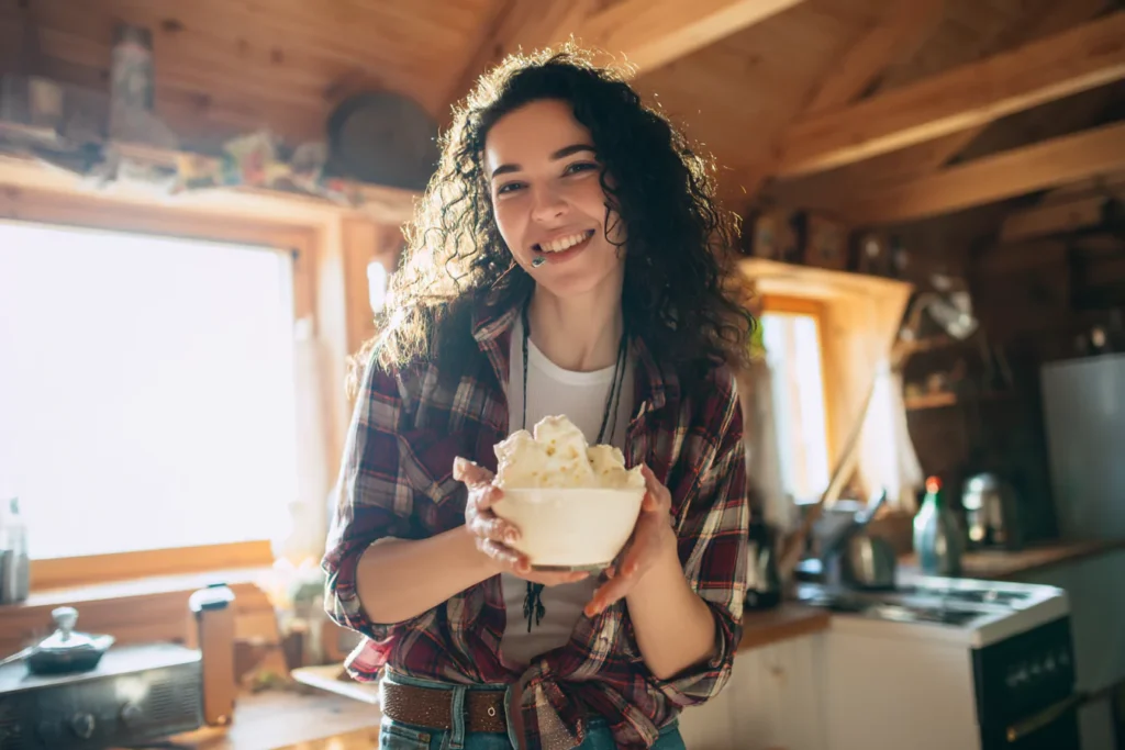 Woman discovering homemade cottage cheese ice cream in rustic kitchen