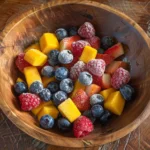 Eating frozen fruit in a rustic kitchen