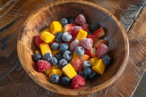 Eating frozen fruit in a rustic kitchen