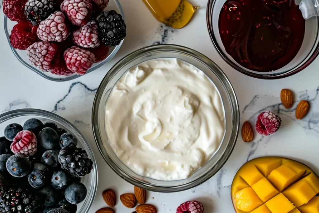 ingredients for frozen fruit and yogurt laid out on marble
