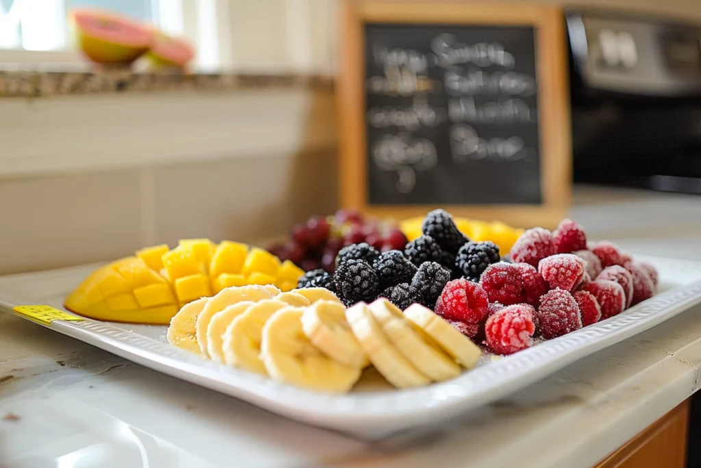 Nutritional facts of frozen fruit on kitchen counter