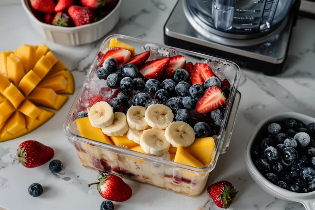 Flat lay of frozen fruit popsicle ingredients with blender and molds