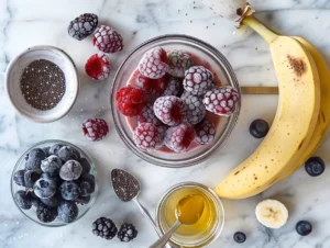 frozen fruit smoothie ingredients on marble countertop