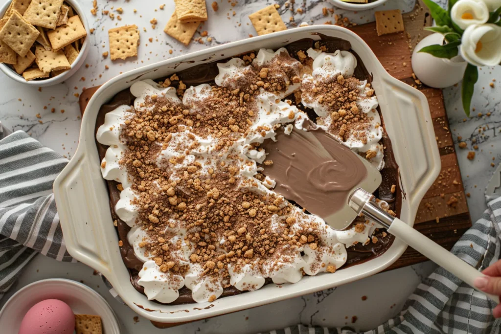 Assembling layers of Frozen S’mores in a pan
