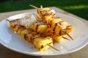 Grilled pineapple dessert skewers on summer plate