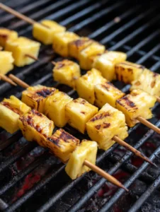 Pineapple skewers grilling on barbecue