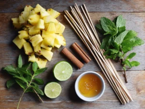 Ingredients for grilled pineapple dessert skewers