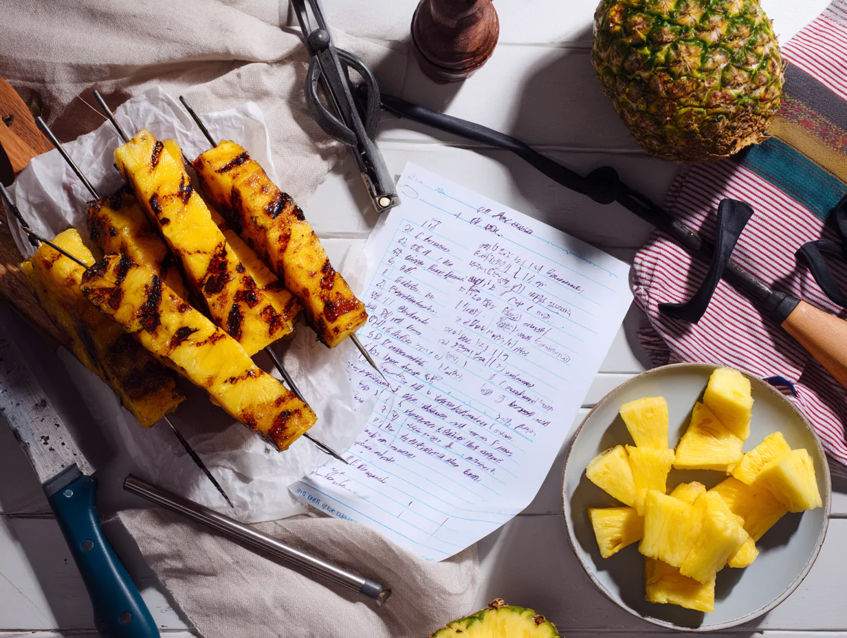 Recipe card for grilled pineapple dessert skewers