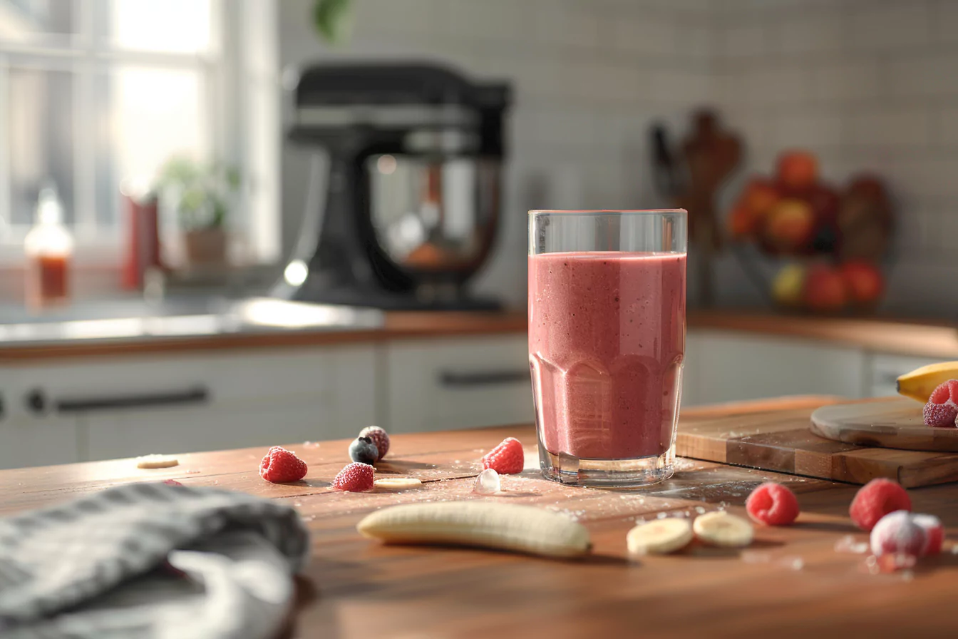 Homemade frozen fruit smoothie on kitchen table