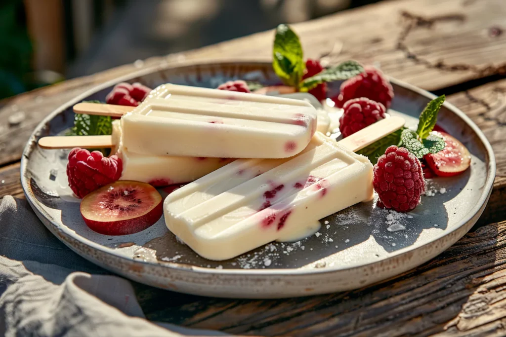 Realistic homemade popsicles from frozen fruit served outdoors on a ceramic plate