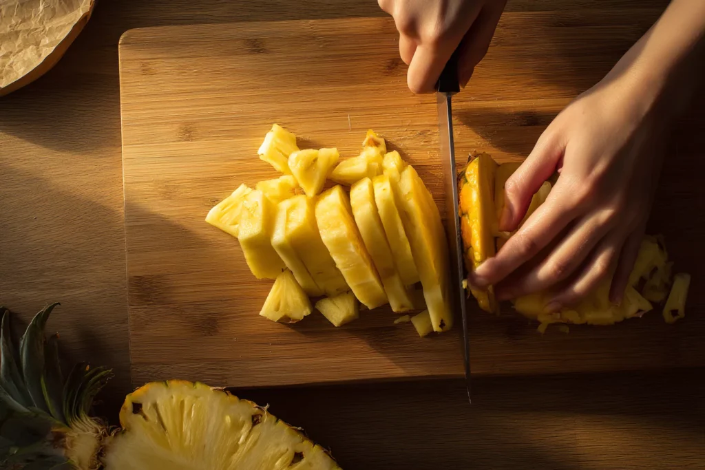 Cutting pineapple into chunks for grilled dessert skewers