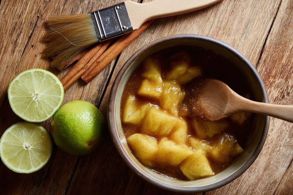 Pineapple chunks marinating in honey-lime sauce for dessert skewers