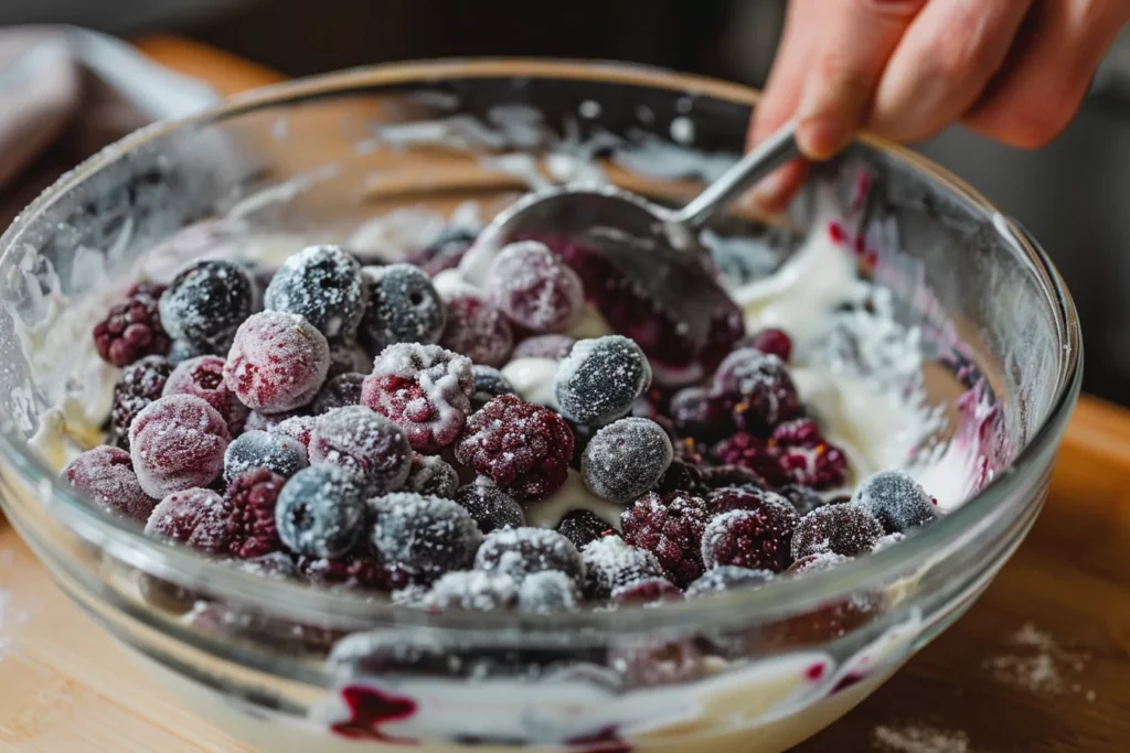 stirring frozen blueberries into yogurt in a bowl