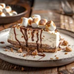 No-bake frozen s’mores cheesecake slice on a dessert plate with marshmallow topping