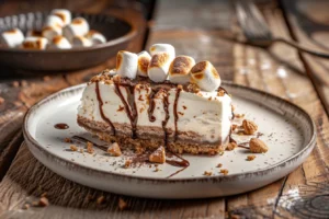 No-bake frozen s’mores cheesecake slice on a dessert plate with marshmallow topping