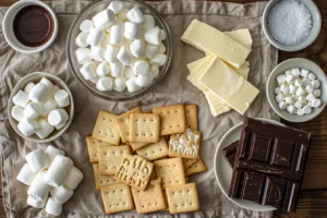 Ingredients for no-bake frozen s’mores cheesecake arranged on a wooden surface