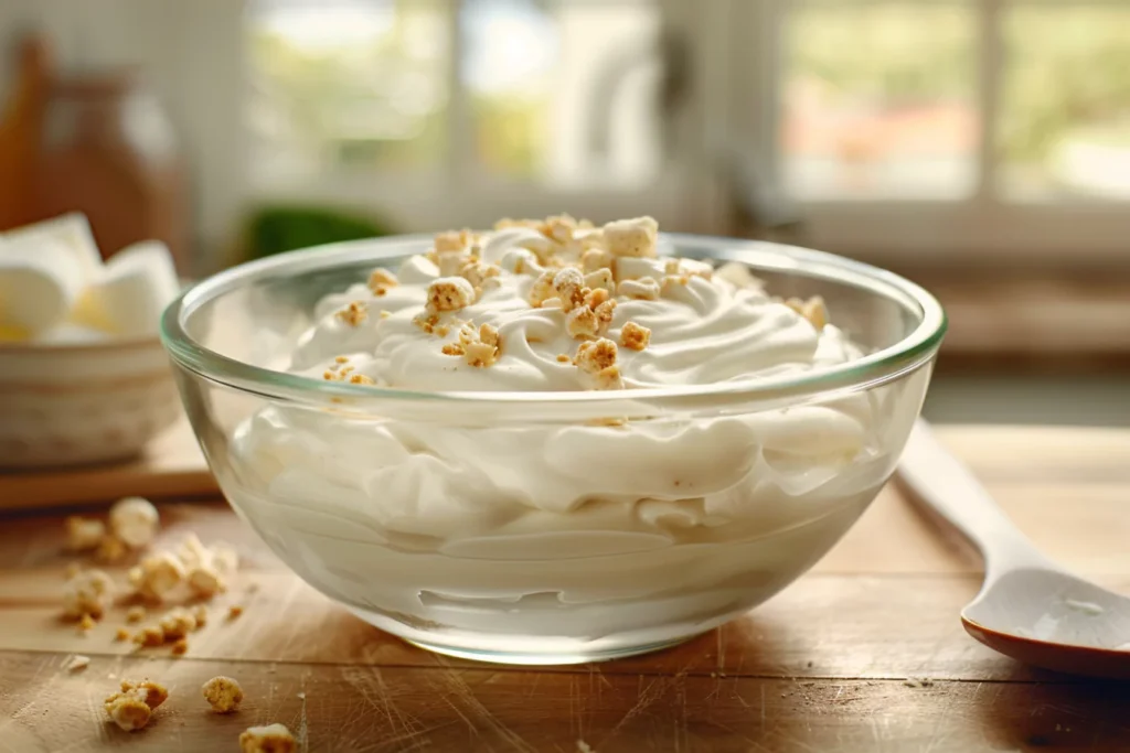 Mixing marshmallow creme and cream cheese for frozen s’mores cheesecake