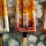 Vibrant popsicles from frozen fruit on crushed ice, top-down view