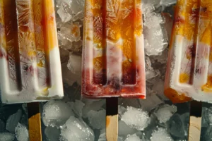 Vibrant popsicles from frozen fruit on crushed ice, top-down view