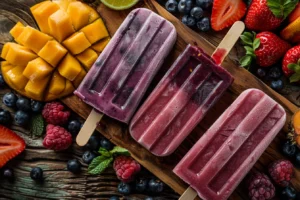 Frozen fruit ice pops with berries and citrus on wooden table