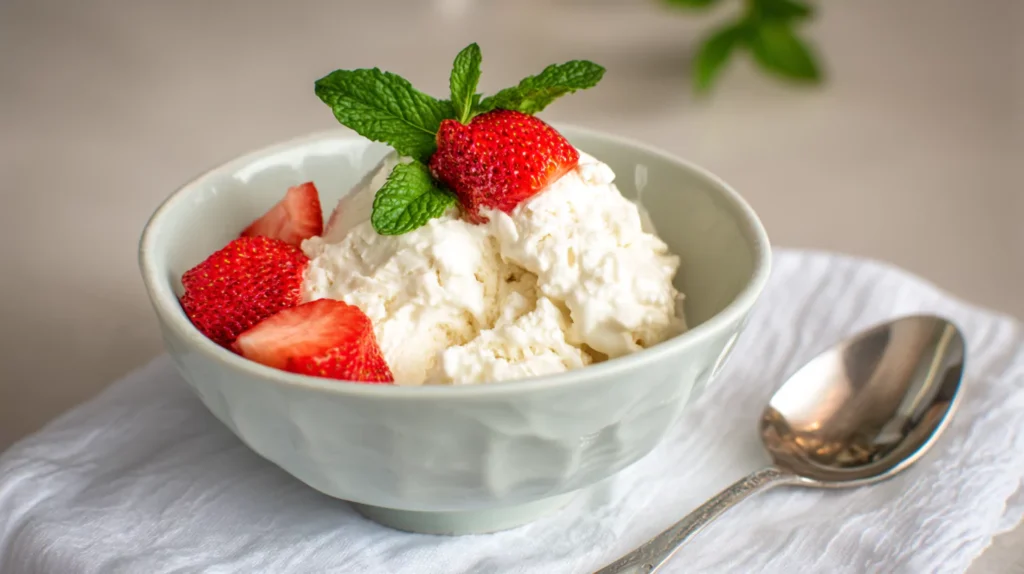 Scoop of cottage cheese ice cream topped with strawberries