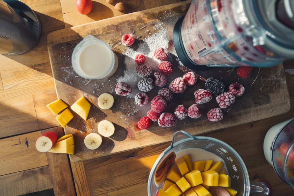 Frozen fruit and milk prepared for smoothie