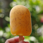 Close-up of a realistic mango-shaped ice cream popsicle held outdoors