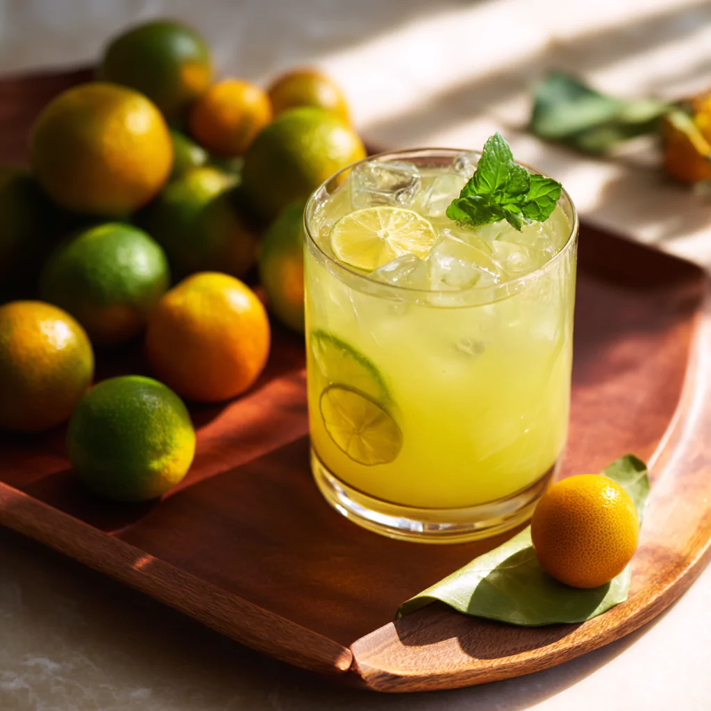Basic fresh calamansi juice in a glass with ice and mint