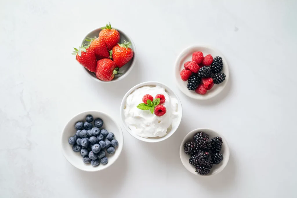 Neatly plated berries and cottage cheese berry ice cream