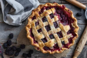Rustic blackberry pie with golden lattice crust and frozen blackberries on a wooden table