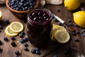 blueberry lemon syrup in mason jar on rustic table