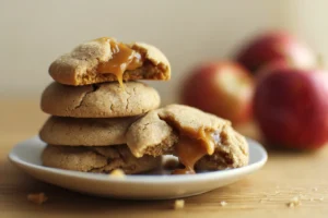 Stack of caramel apple cider cookies with gooey caramel center