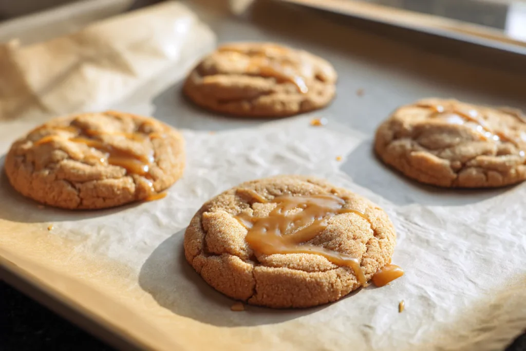 Baked caramel apple cider cookies fresh from oven