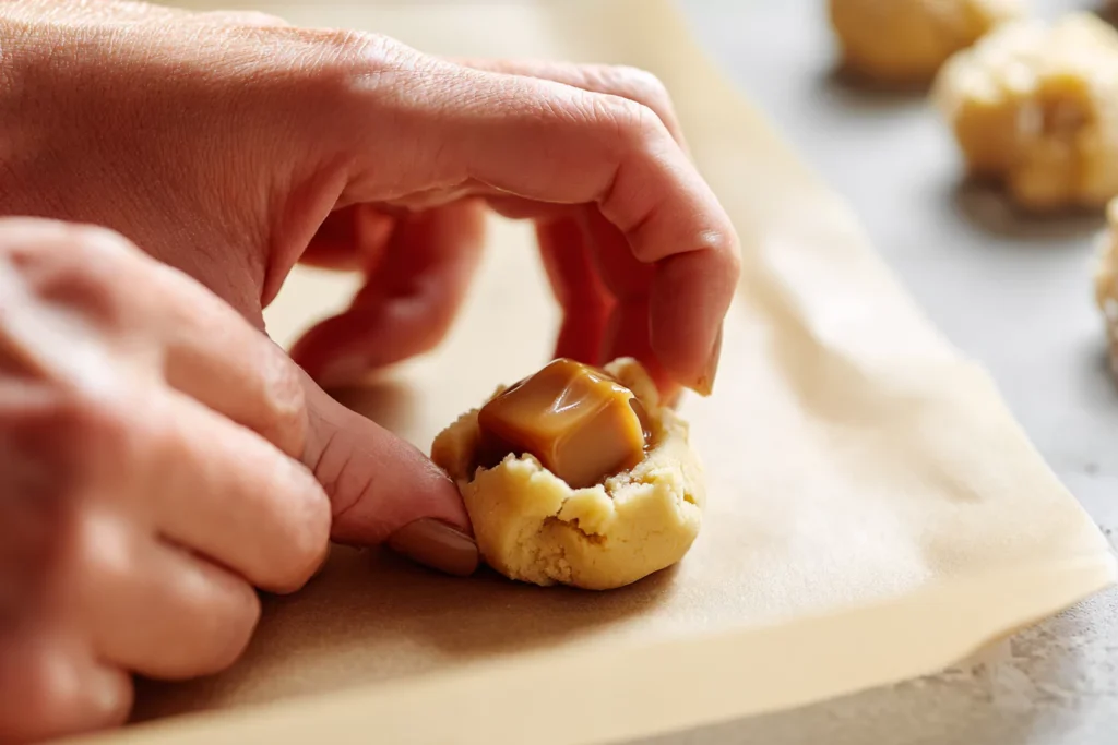 Stuffing caramel into apple cider cookie dough