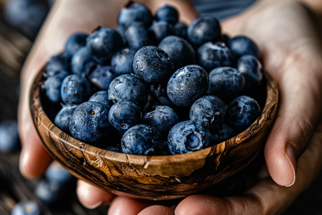 fresh ripe blueberries in a hand over a bowl